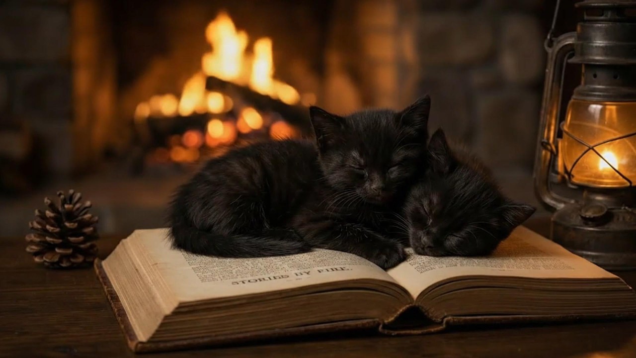 2 Black Kittens Sleeping on a Book by the Fire 🔥📖 Ultimate Relaxing Night Ambience.
