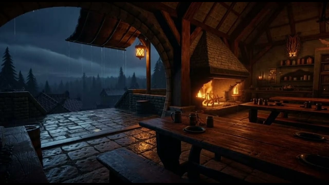 Cozy Medieval Tavern 🌩️🔥 Rain, Fire & a Hint of Thunder | Study/Relax/Focus (3 Hours)