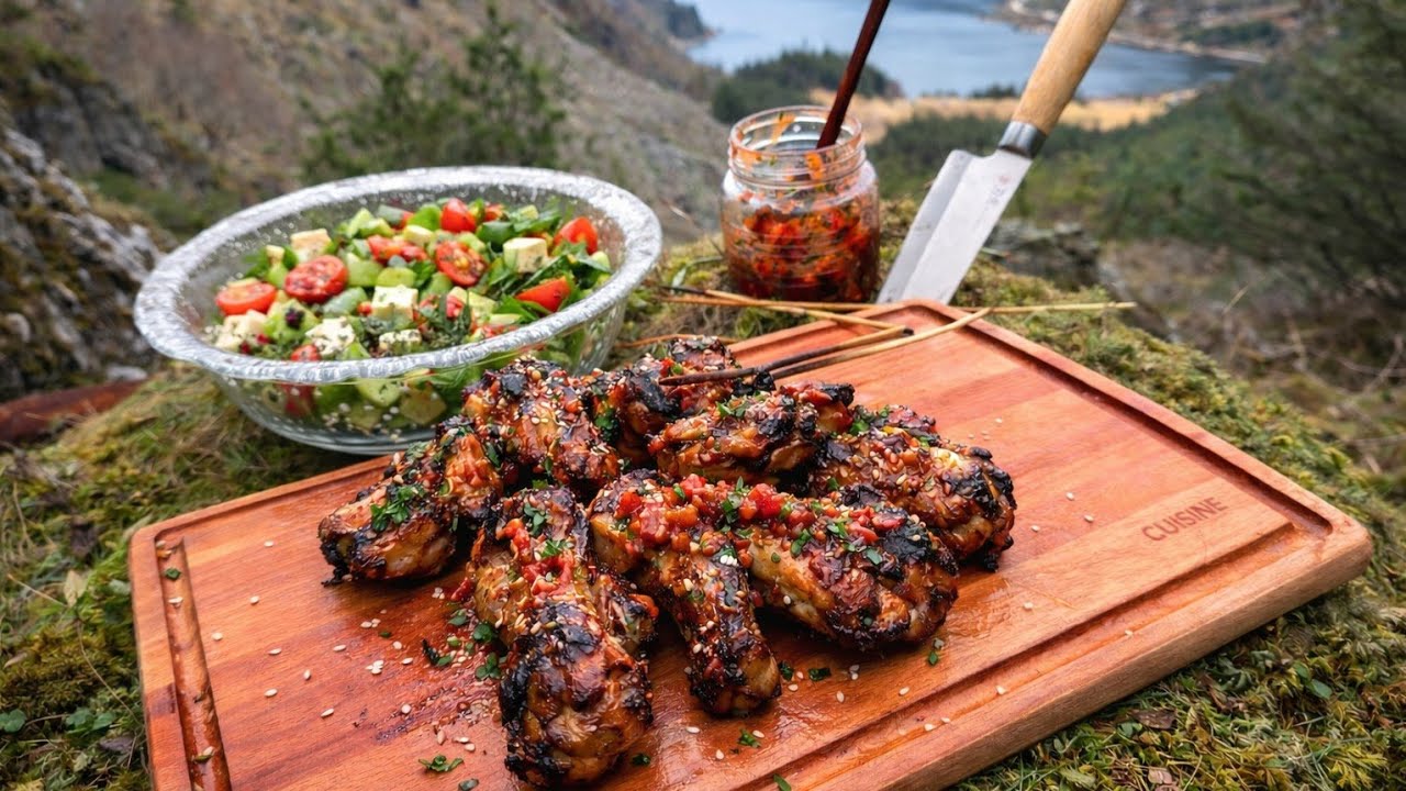 Epic Outdoor Grilled Chicken Wings in the Mountains with an Awesome Greek Salad