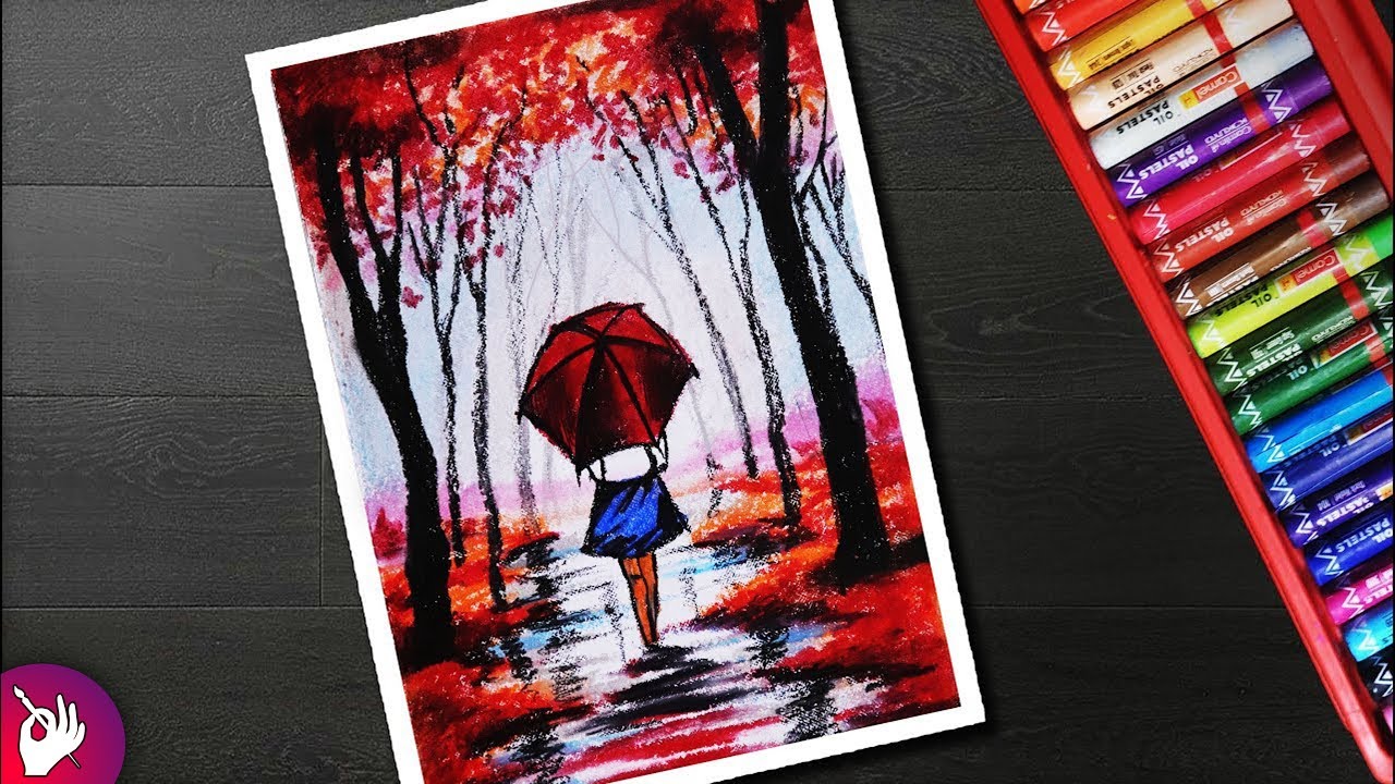 Rainy season scenery drawing for beginners with oil pastel - Girl in rain