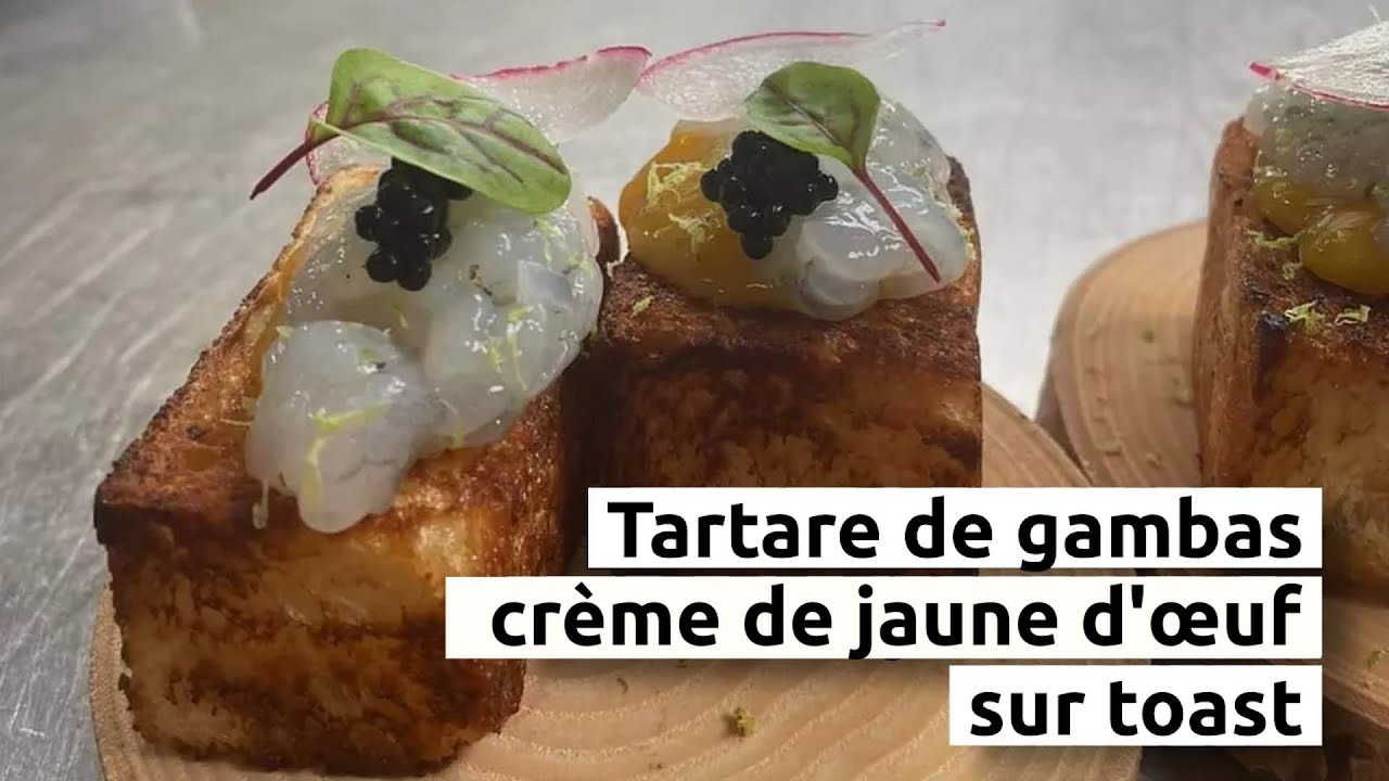 Tartare de gambas, crème de jaune d'œuf sur toast