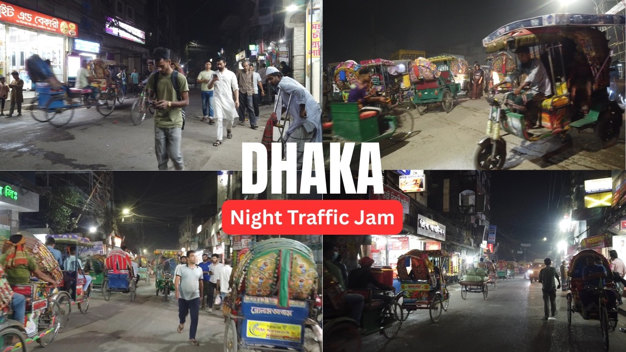 Dhaka Night Street Famous Traffic Jam. Even Could not Walk Proper Way Due To Jam. Street Video