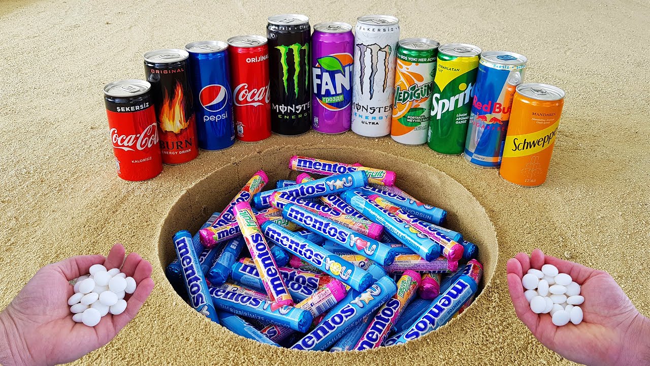 Giant Coca Cola eruption from hole, Fanta, Pepsi, Monster, Schweppes, Sprite, Yedigün vs Mentos