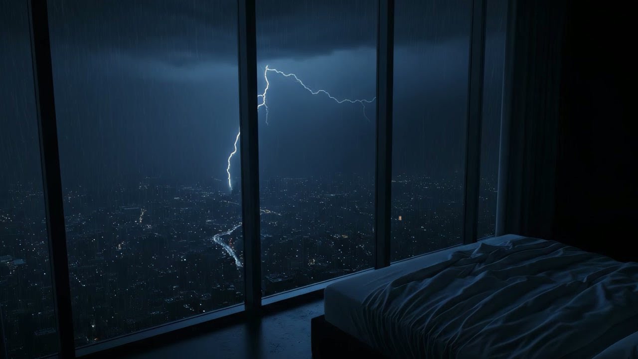 Heavy Thunderstorm in City at Night ⚡ Side View Rain on Window (Dark Screen)