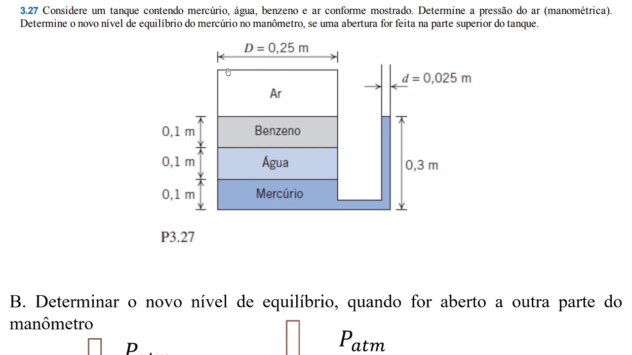 Aula 4- Estática do fluido - Parte 3/3. Resolução do Exercício 3.27, fox.