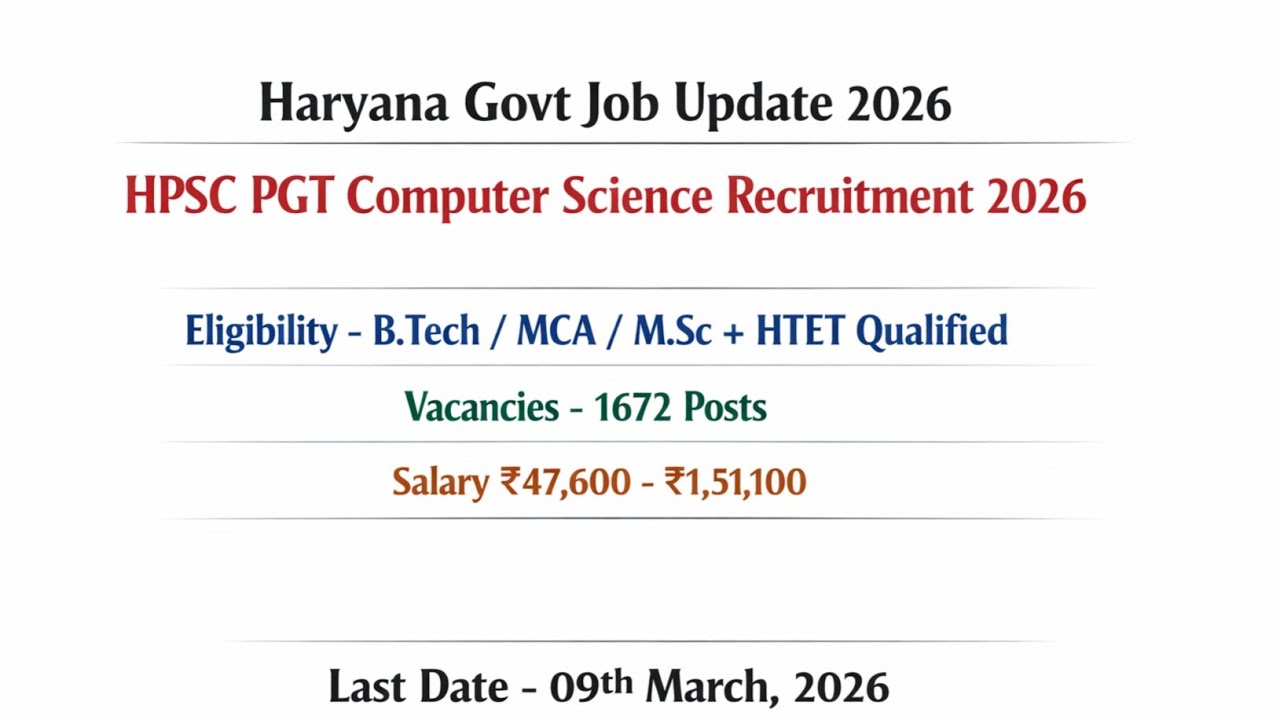HPSC PGT Computer Science Recruitment 2026 🔥 1672 Posts | HTET Required | Salary ₹1.51 Lakh |