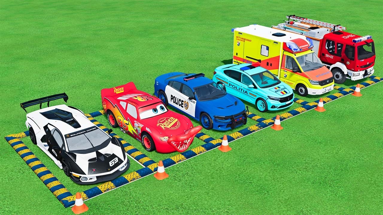 Double Flatbed Trailer Truck vs speedbumps |Police car vs speedbumps | Beamng Drive | #142