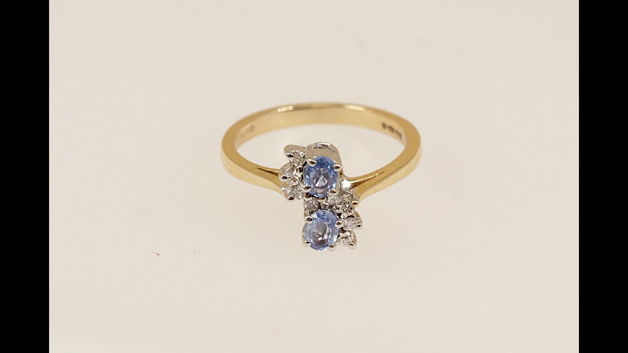 9ct Gold Blue Topaz and Diamond Duo Ring   #4081