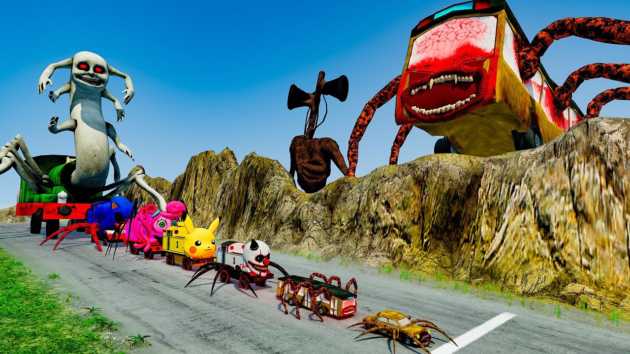 ALL Monsters Big & Small Cars vs Downhill Madness with BUS EATER & SIREN HEAD | BeamNG.Drive