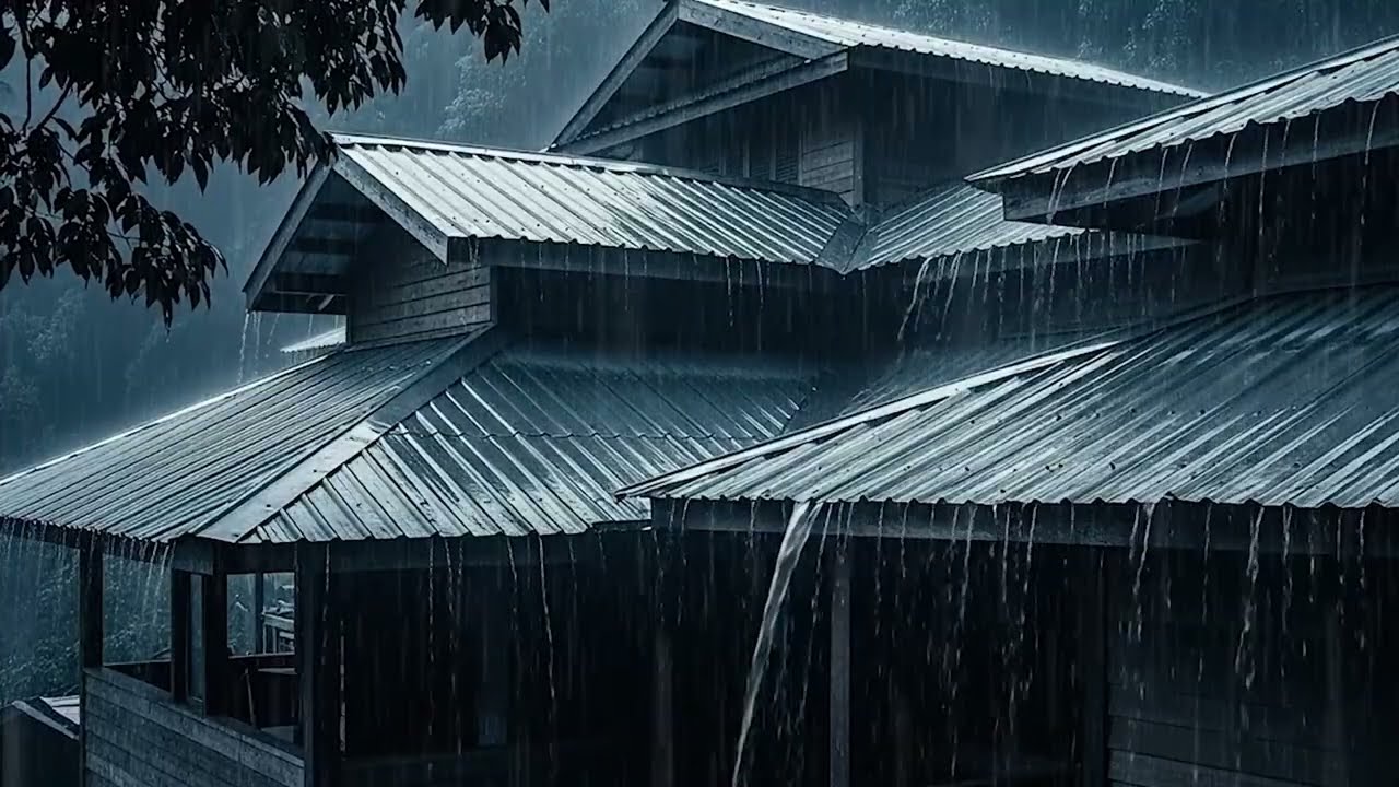 Heavy Rain & Thunder on Old Rusty Tin Roof in Forest at Night