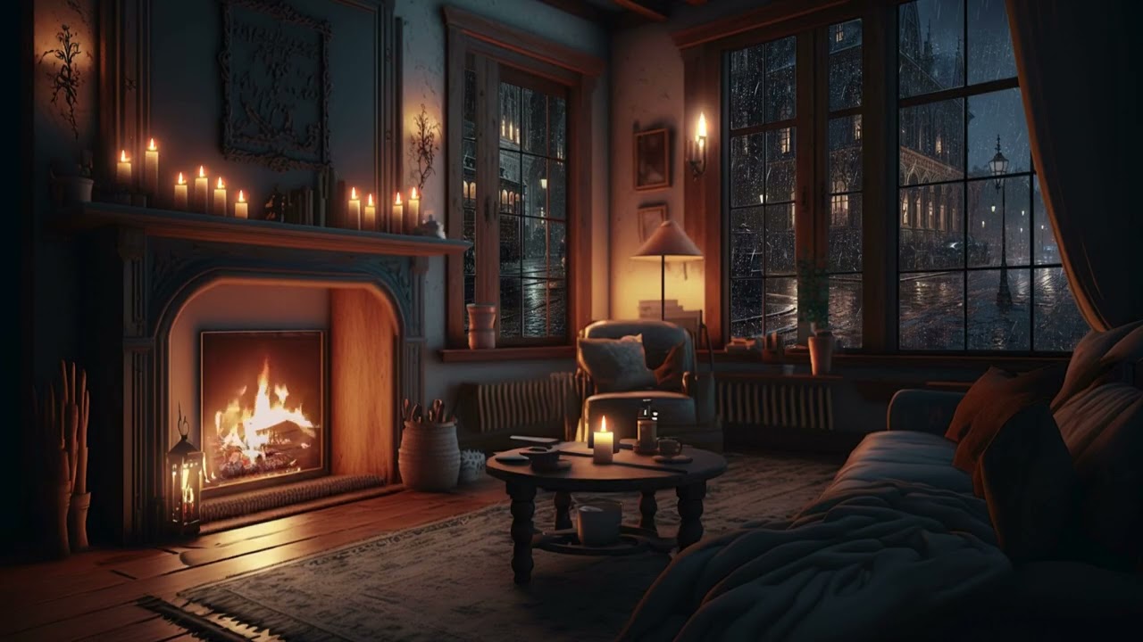 Cozy winter night: Crackling fireplace and gentle rain sounds #cozywinternight #fireplacevibes