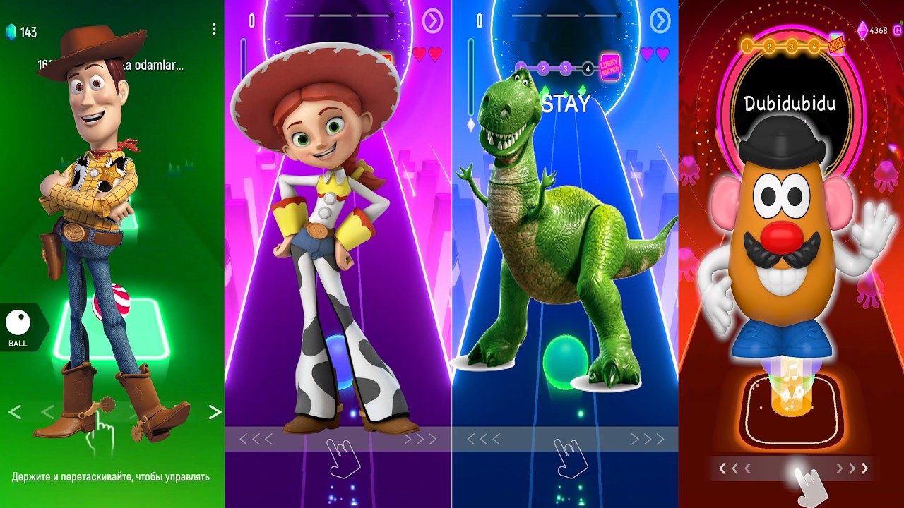Tiles Hop Toy Story Battle  Woody vs Jessie vs Rex vs Mr Potato Head  Tiles Hop EDM Rush!