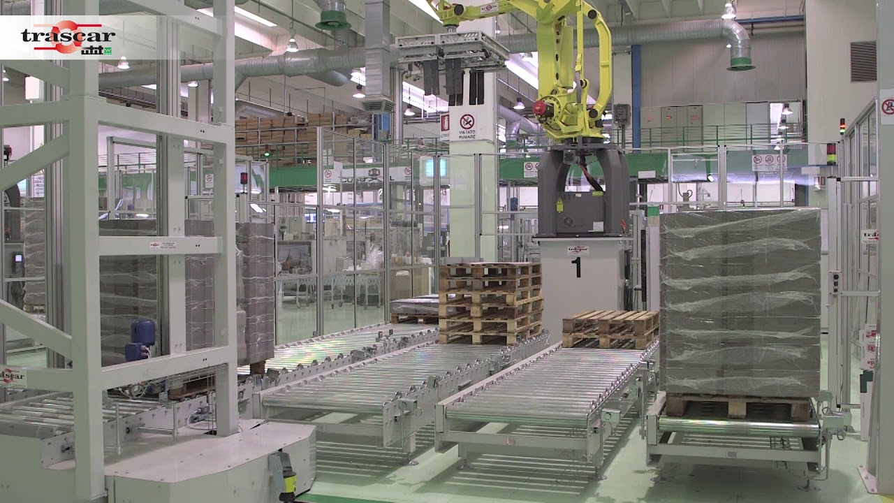 TRASCAR Impianto Palettizzazione cartoni pizza - Palletizing pizza boxes Plant