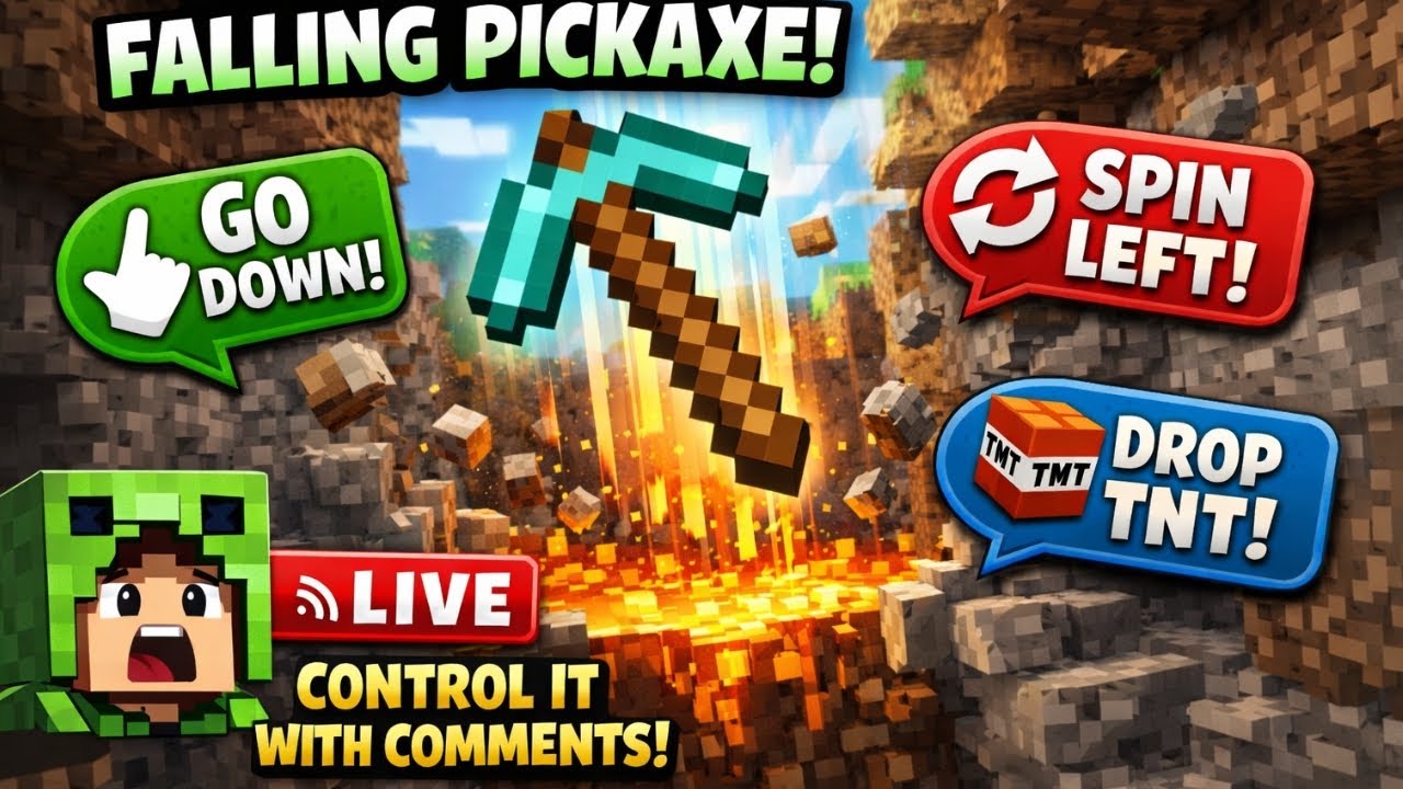 🔴 LIVE: Control the Falling Pickaxe with CHAT! (Minecraft Game)