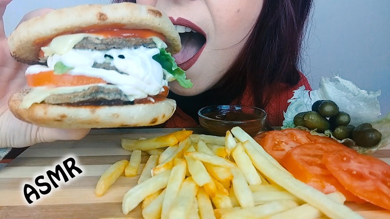 ASMR eating: Triple Pita Cheese Burger, Fries & Pickles | Whispering