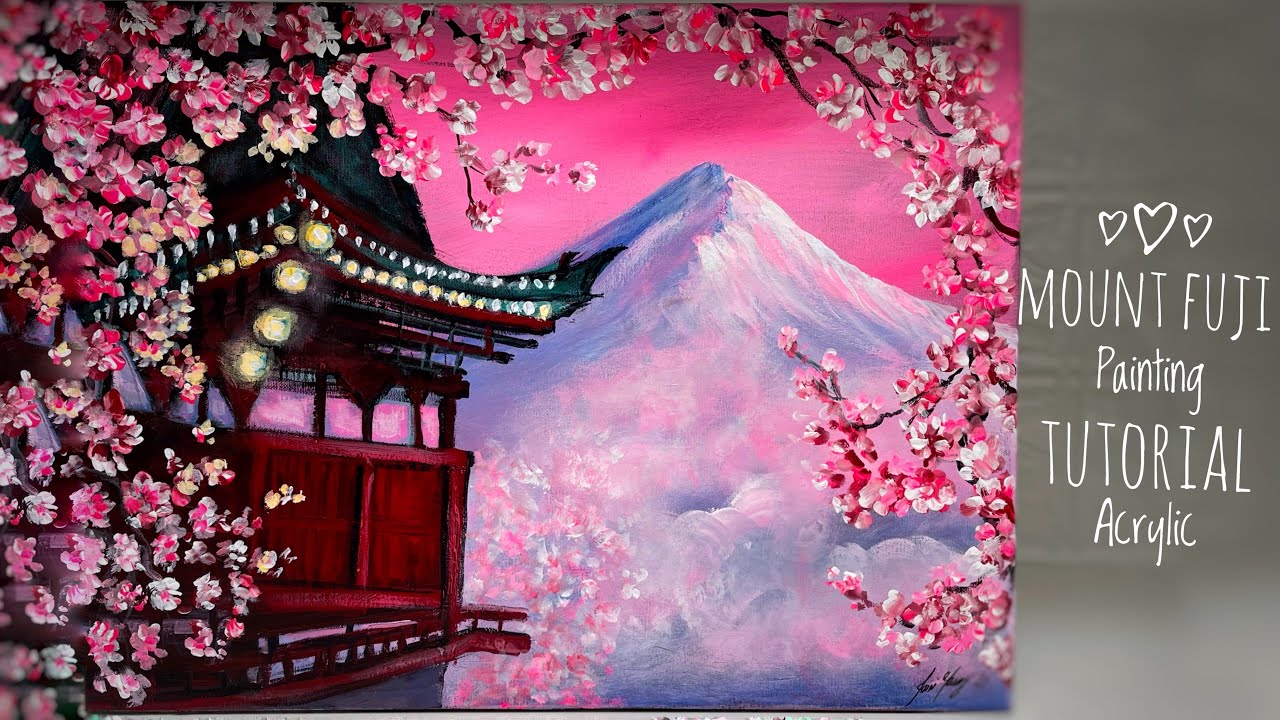 HOW TO PAINT CHERRY BLOSSOMS & MOUNT FUJI 🗻 🌸 acrylic painting tutorial