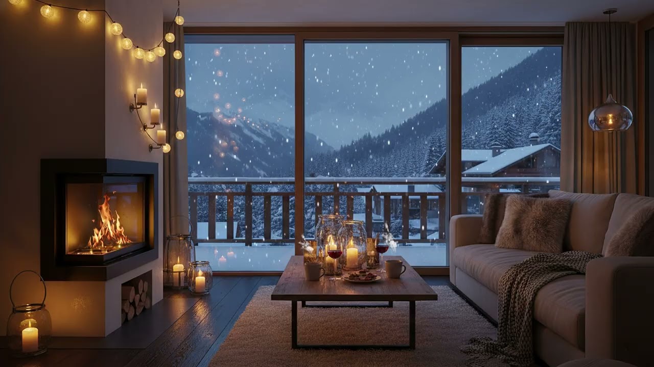Снежный Балкон Вечером ❄️ Тепло Камина и Нежная Музыка