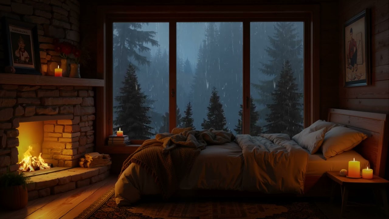 🔥 Warm Fireplace in Rainy Cozy Cabin | Soothing Rain Sounds for Sleeping | Gentle Rain on Window
