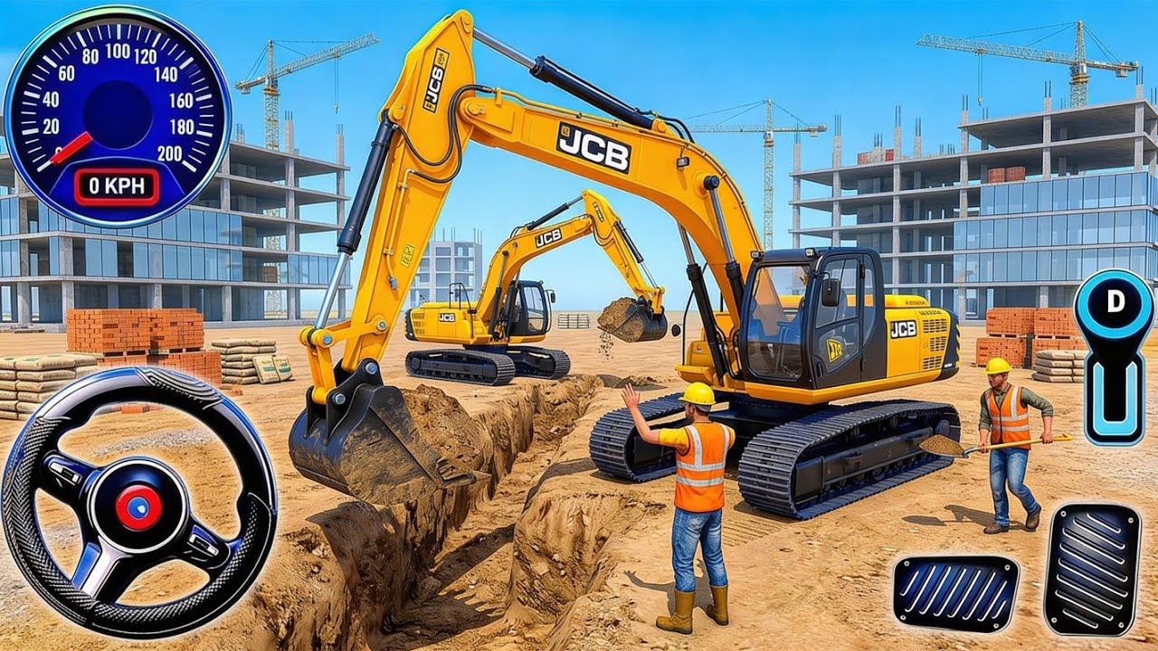 City Road Builder Simulator 3D🚧Heavy Excavator JCB Duo Digging with Labours! Trucks & Android Game