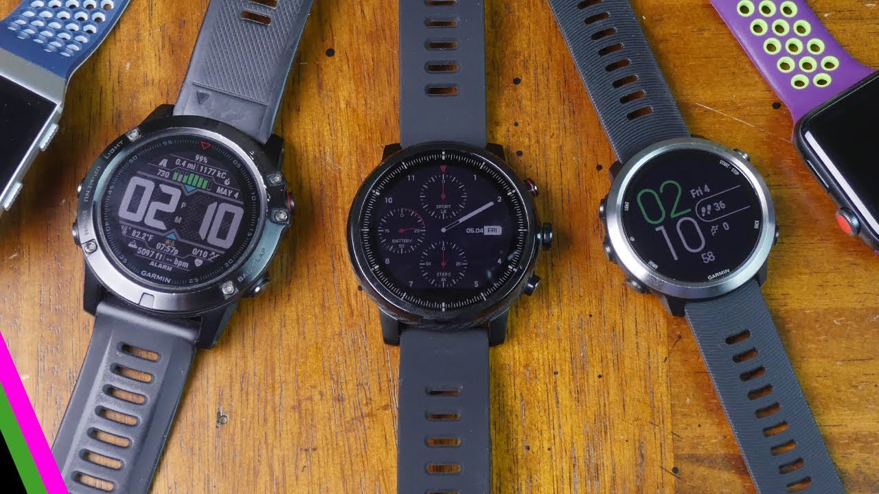 Сравнение размеров Amazfit STRATOS с fenix 5X, Forerunner 645, Fitbit Ionic/Versa и Apple Watch