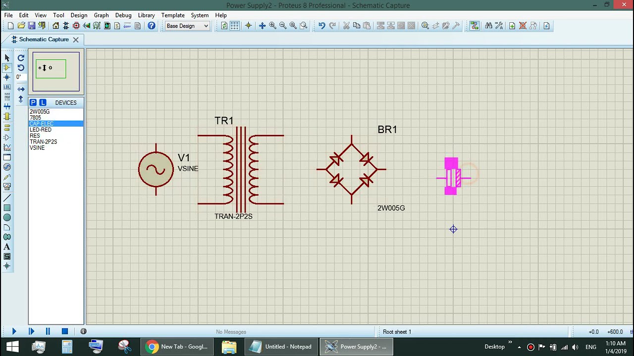 5V DC Power Supply using LM7805 Regulator (Proteus Simulation)