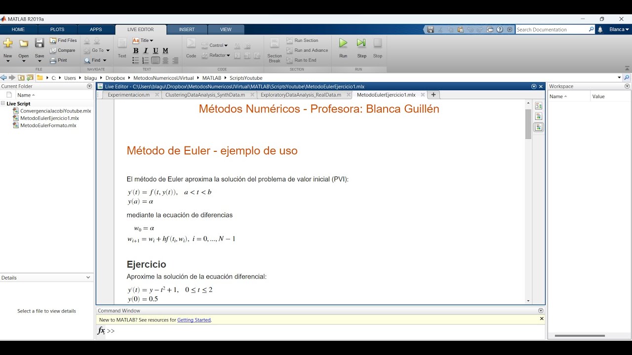 Implementación en MATLAB del método de Euler para aproximar la solución de una ecuación diferencial