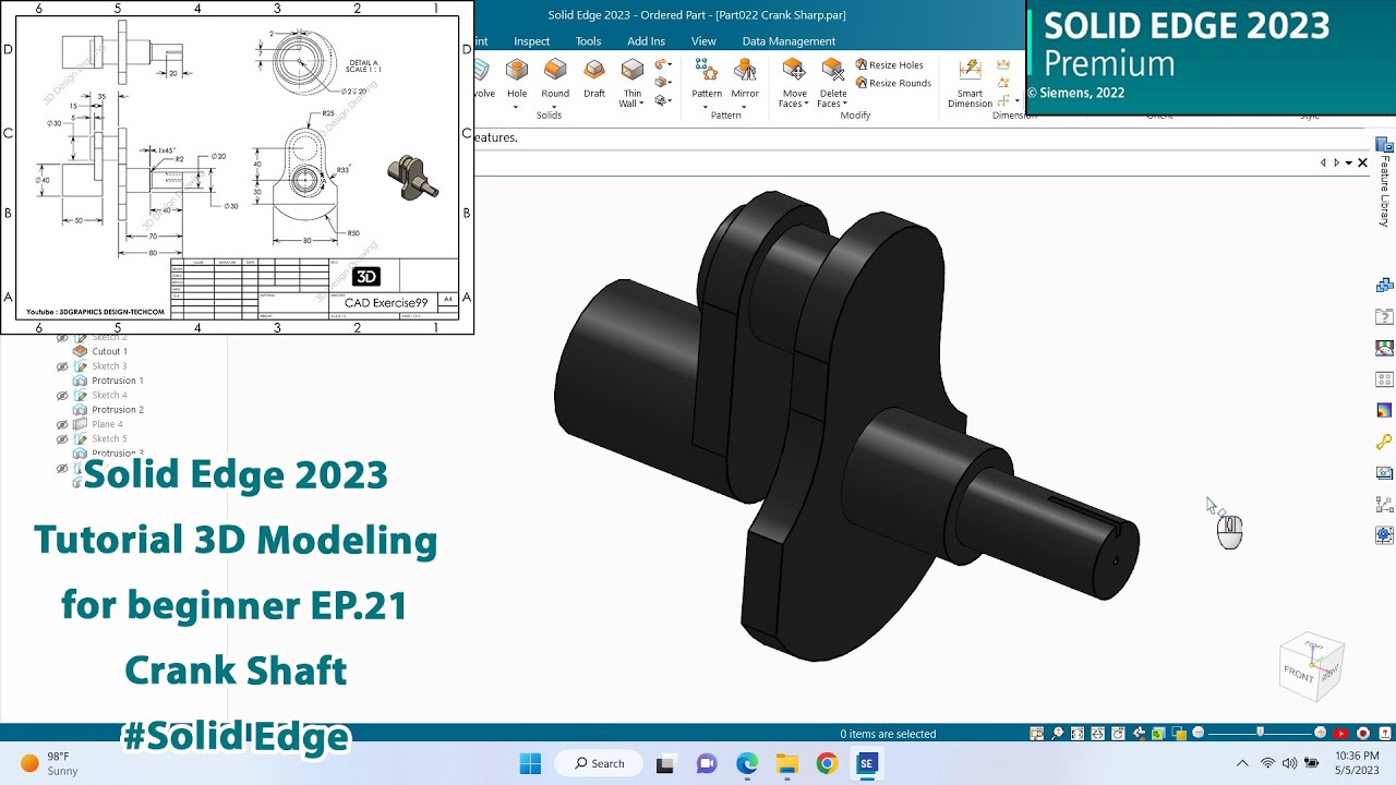Solid Edge 2023 Tutorial - 3D Modeling for beginner EP.21 Crank Shaft