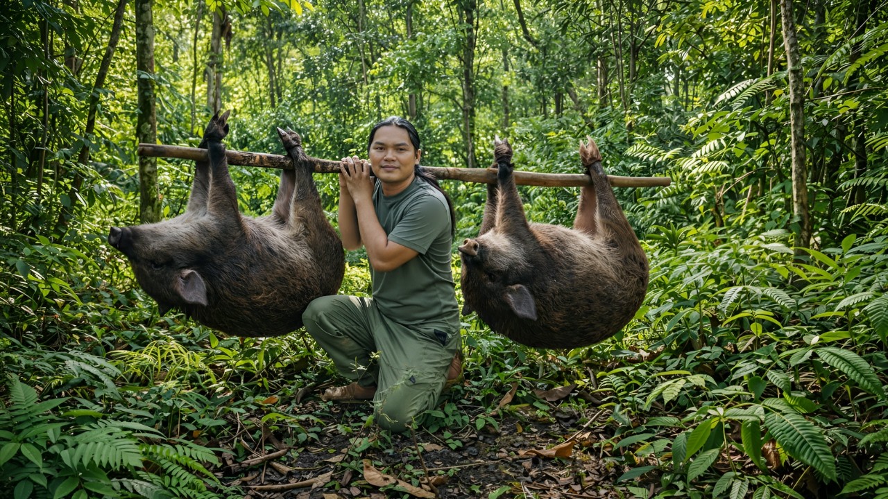 Setting traps for wild boars - Chopping bananas, harvesting taro, gardening with wife and children