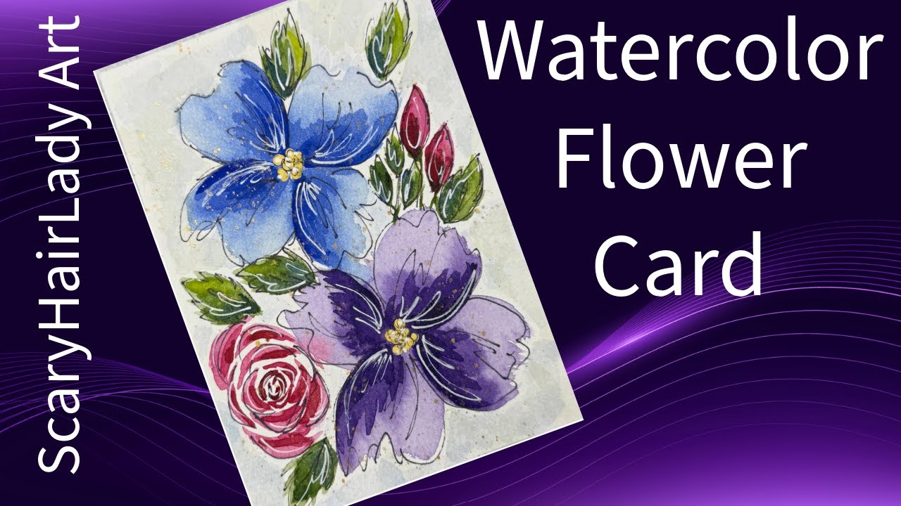 276 Watercolor Flowers Card Blue Purple pink Flowers