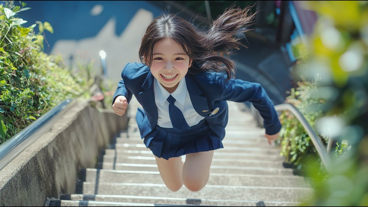 生成AI女子高生が階段を走ってのぼるのを色んな角度から見守る映像