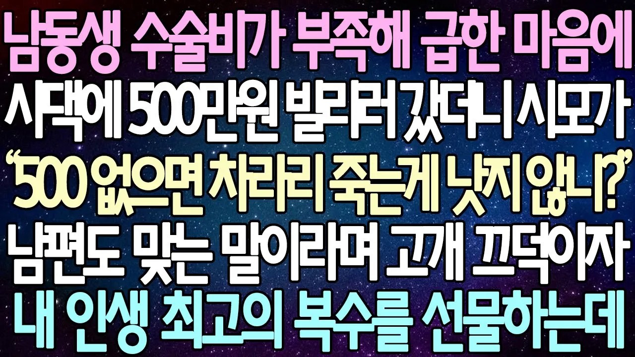 [반전 사연] 남동생 수술비가 부족해 급한 마음에 시댁에 500만원 빌리러 갔더니 시모가 남편도 맞는 말이라며 고개 끄덕이자 내 인생 최고의 복수를 선물하는데 | 사이다사연