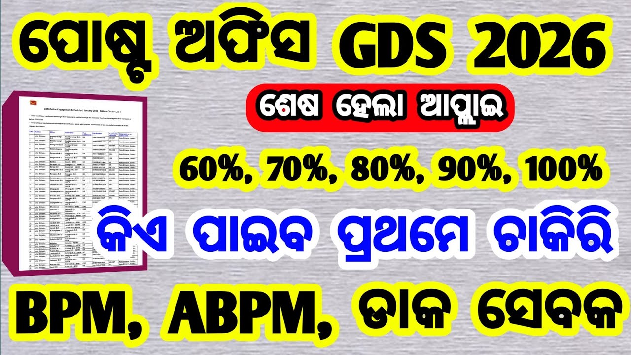 ପୋଷ୍ଟ ଅଫିସ GDS 2026 କେତେ %  ପିଲାଙ୍କୁ ପ୍ରଥମେ ଚାକିରି ମିଳିବ | gds 2026 1st merit list