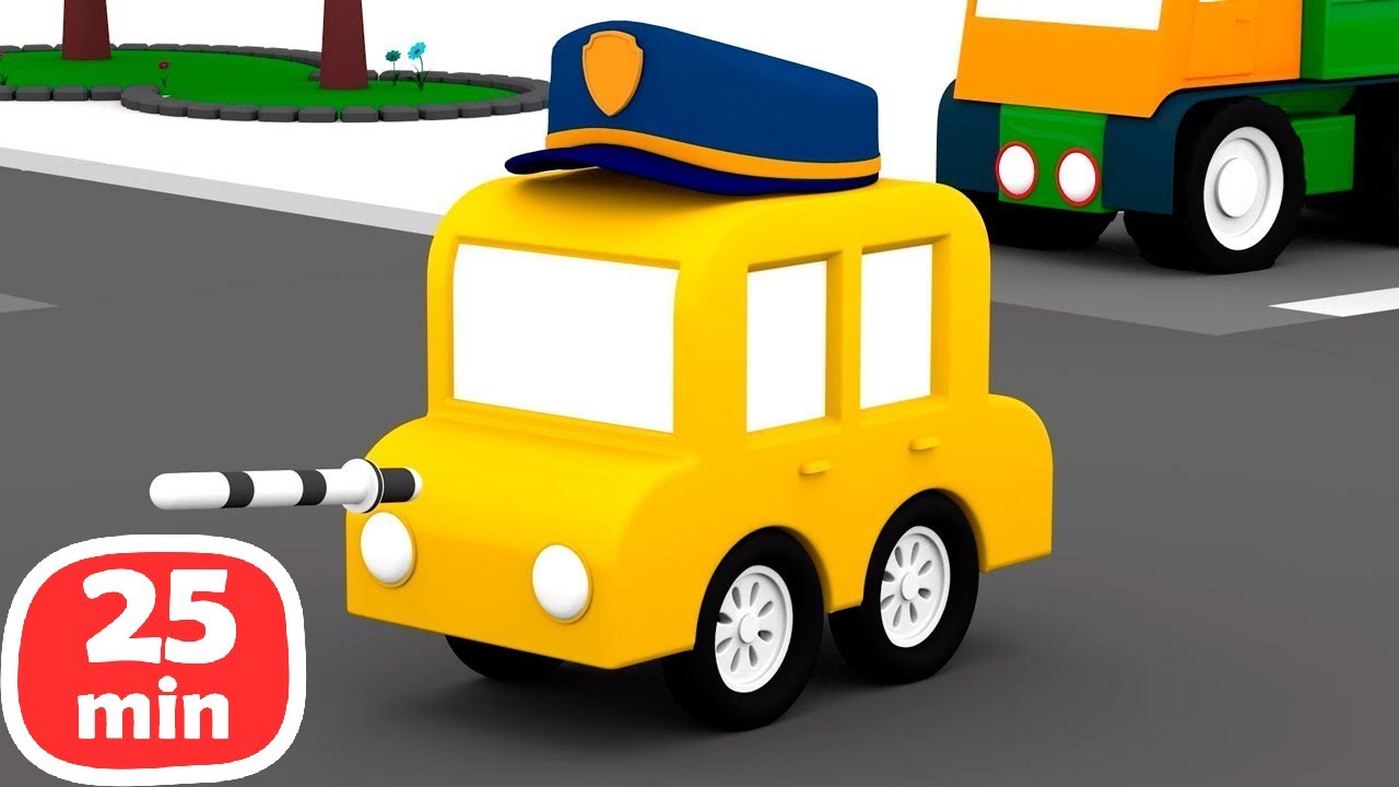 Os quatro carros coloridos trabalham na polícia. Compilação de desenhos animados para crianças