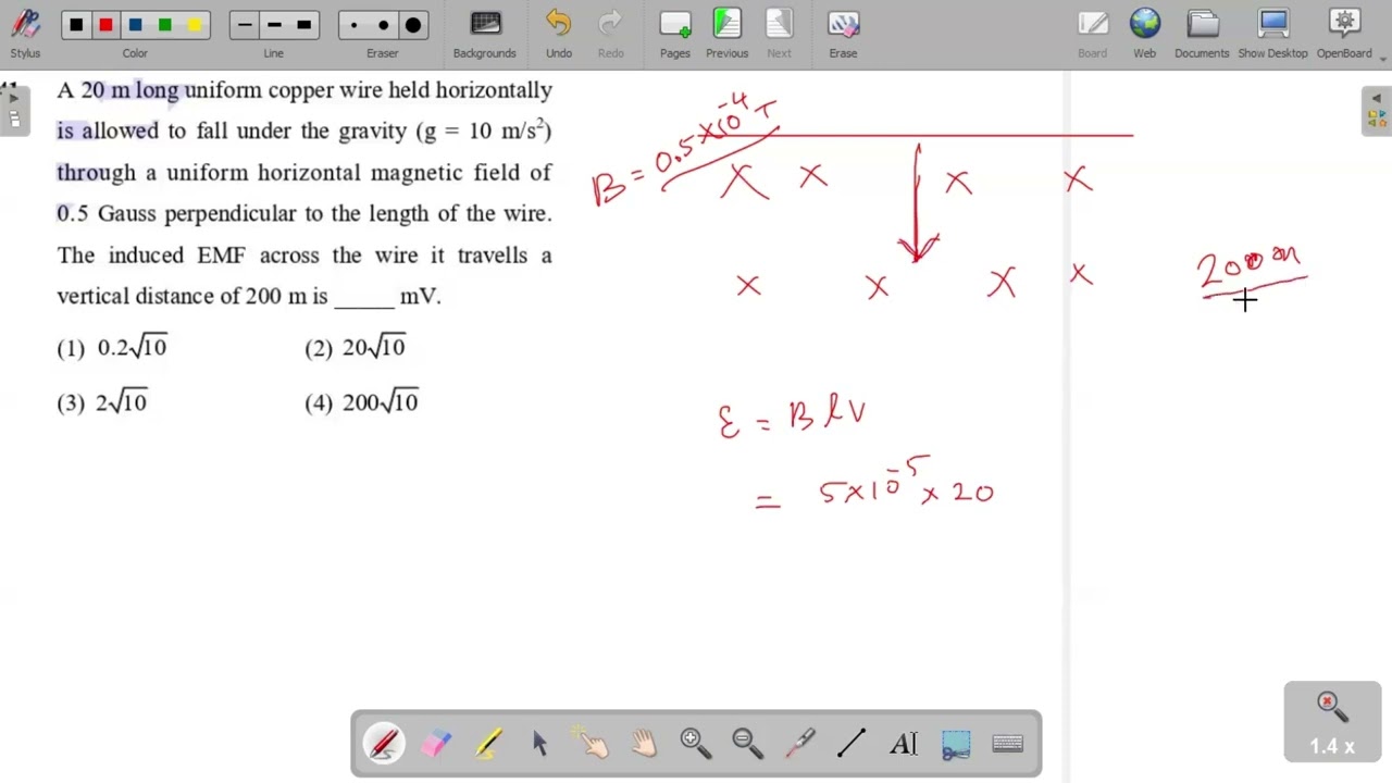 A 20 m long uniform copper wire held horizontally is allowed to fall under the gravity (g = 10 m/s²)