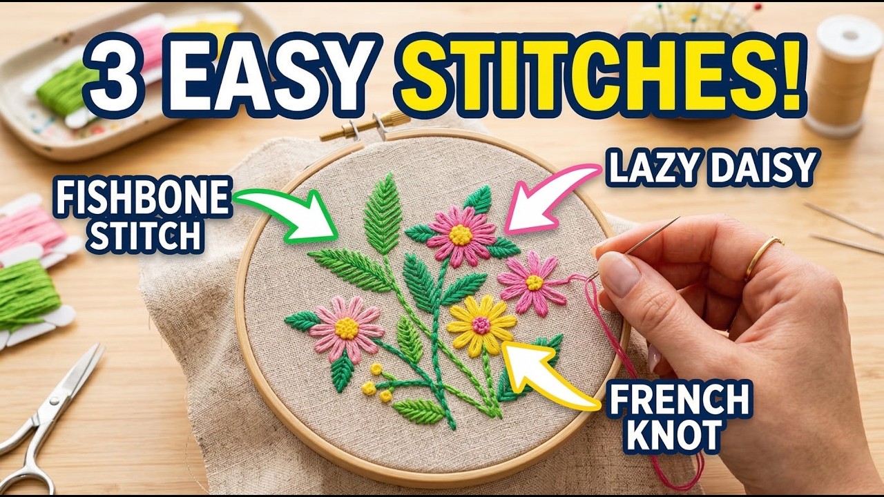 Beginners Must Watch! Learn Fishbone, French Knot & Lazy Daisy Embroidery in Minutes”