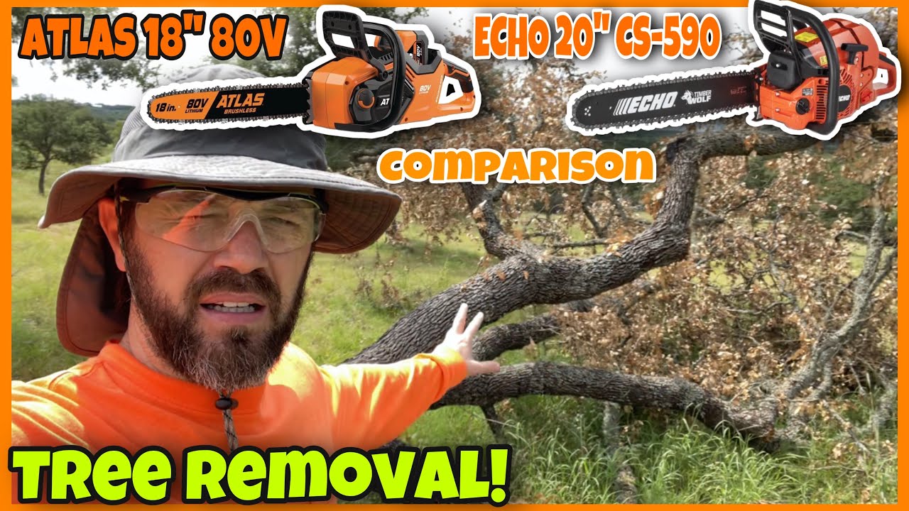 ATLAS 80V 18” Chainsaw VS. ECHO 20” CS-590 Gas Chainsaw On Tree Removal Job & How To Tighten Chain