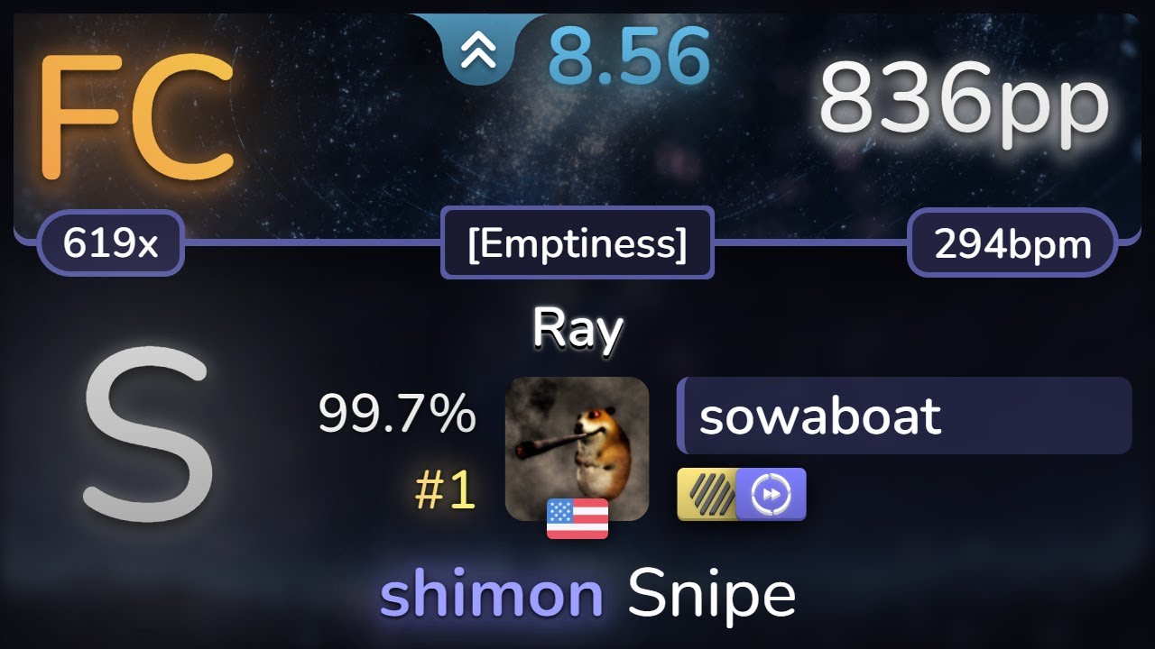 🔔 sowaboat | PassCode - Ray [Emptiness] +HDDT 99.7% (#1 836pp FC) - osu!