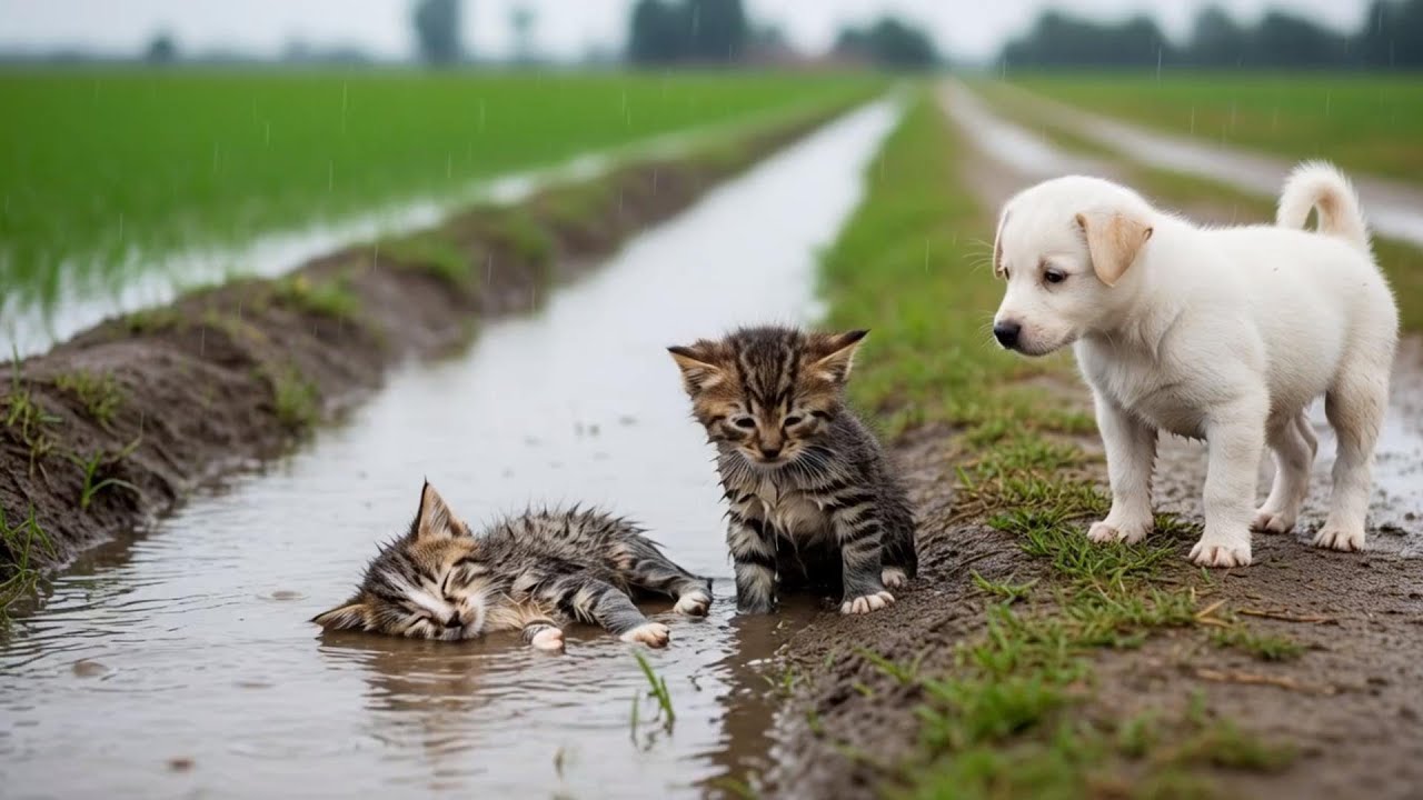 Kind Farmer Rescues Two Drenched Kittens and a Loyal Puppy During Heavy Rain