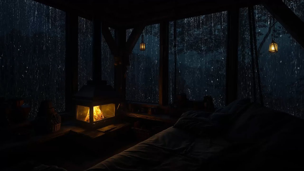 Cozy Rainy Night by the Fireplace with Relaxing Forest Ambience for Sleep & Study