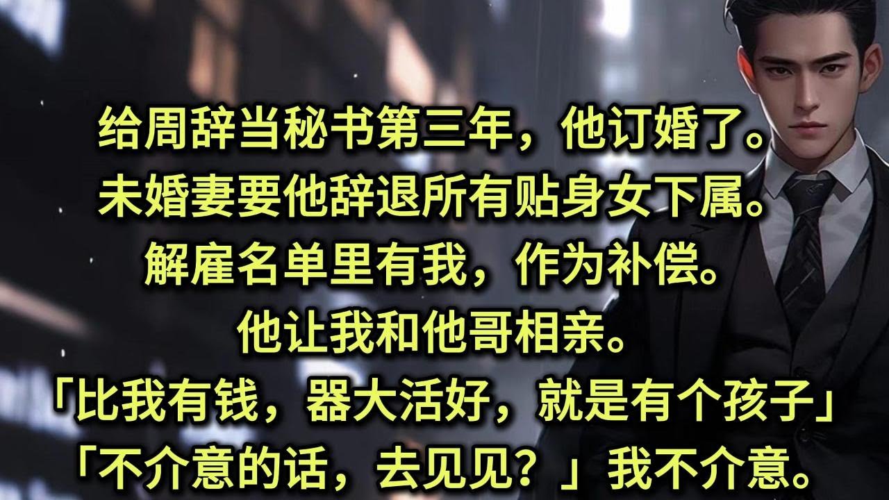 给周辞当秘书第三年，他订婚了。未婚妻要他辞退所有贴身女下属。解雇名单里有我。作为补偿，他让我和他哥相亲。「比我有钱，器大活好，就是有个孩子。」「不介意的话，去见见？」我不介意。毕竟那个孩子，是我生的。