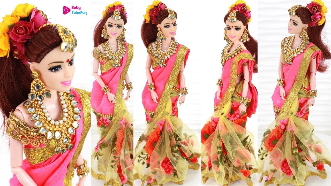 Gorgeous Barbie YELLOW NET EMBROIDERY SAREE Making for Rukhwat Beautiful Party Wear doll Dress