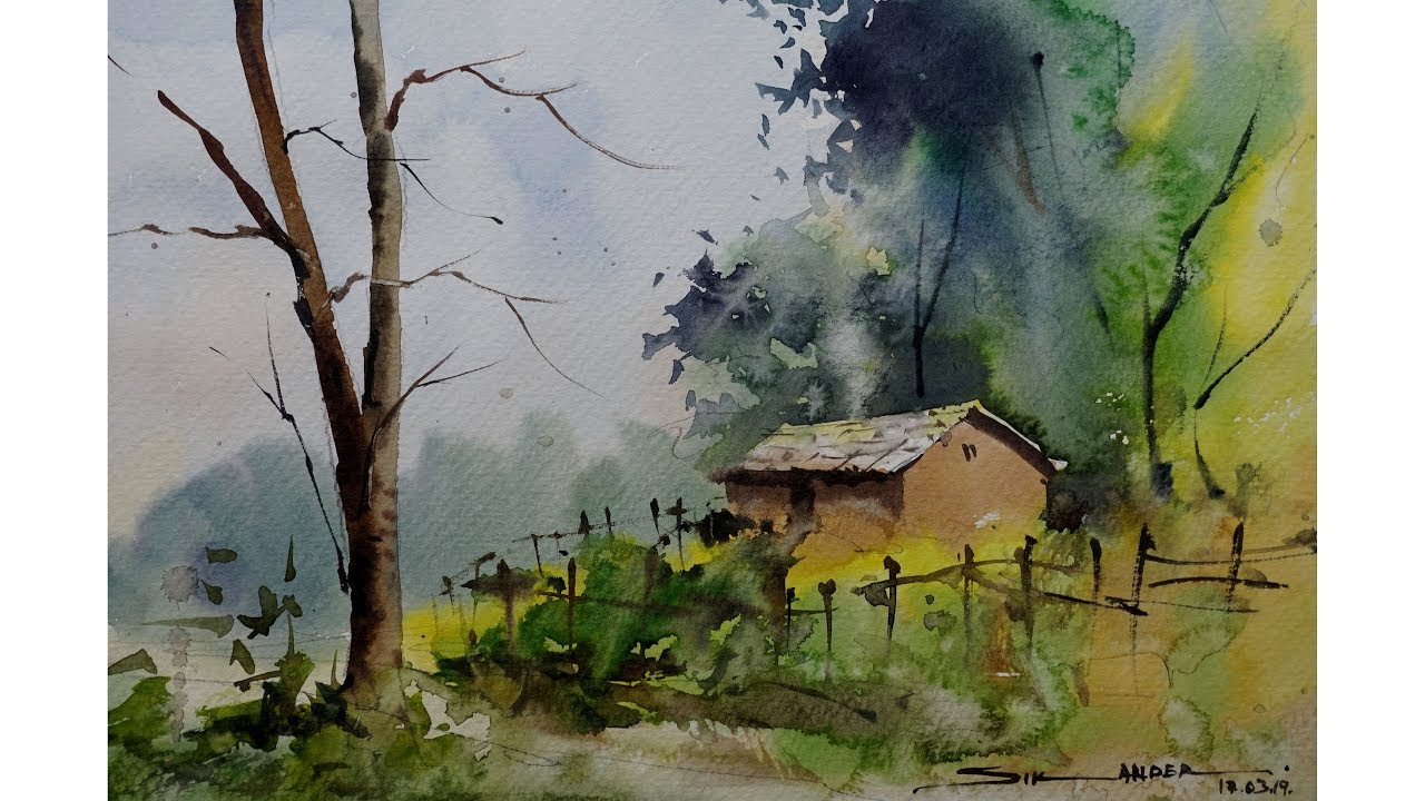 watercolor painting landscape by sikander singh chandigarh india