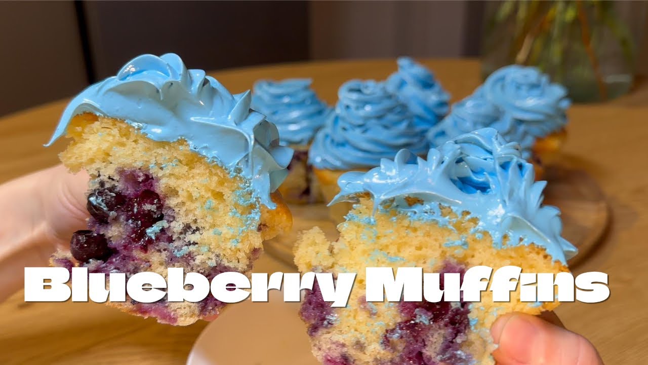 Blueberry Muffins with Swiss Meringue Frosting (Moist & Fluffy)