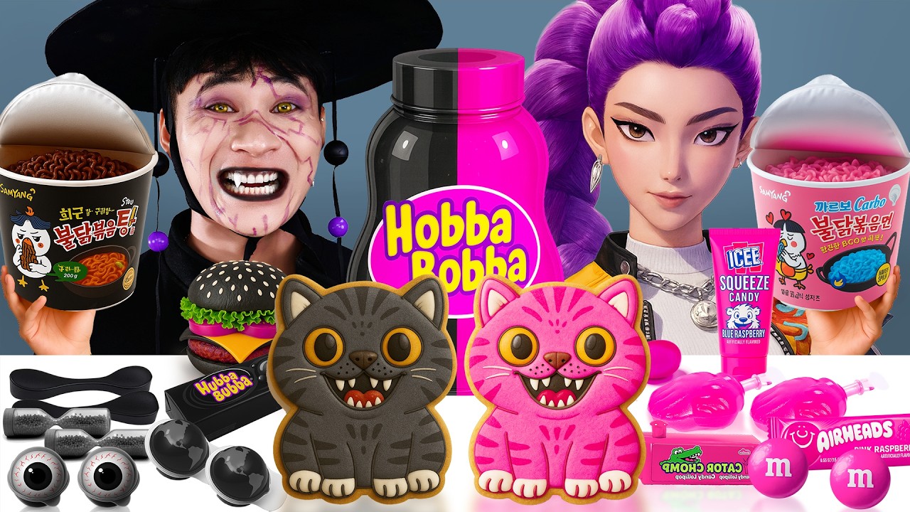D&eacute;fi Nourriture Rose VS Noire | ASMR Mukbang Ramen &Eacute;pic&eacute; Cor&eacute;en Jinu x Rumi K-Pop Demon Hunters
