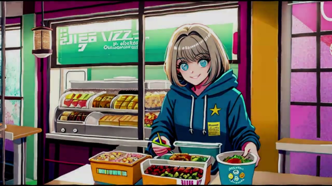 lofi girl, girl taking a break from studying, having a snack, listening to jazz funk