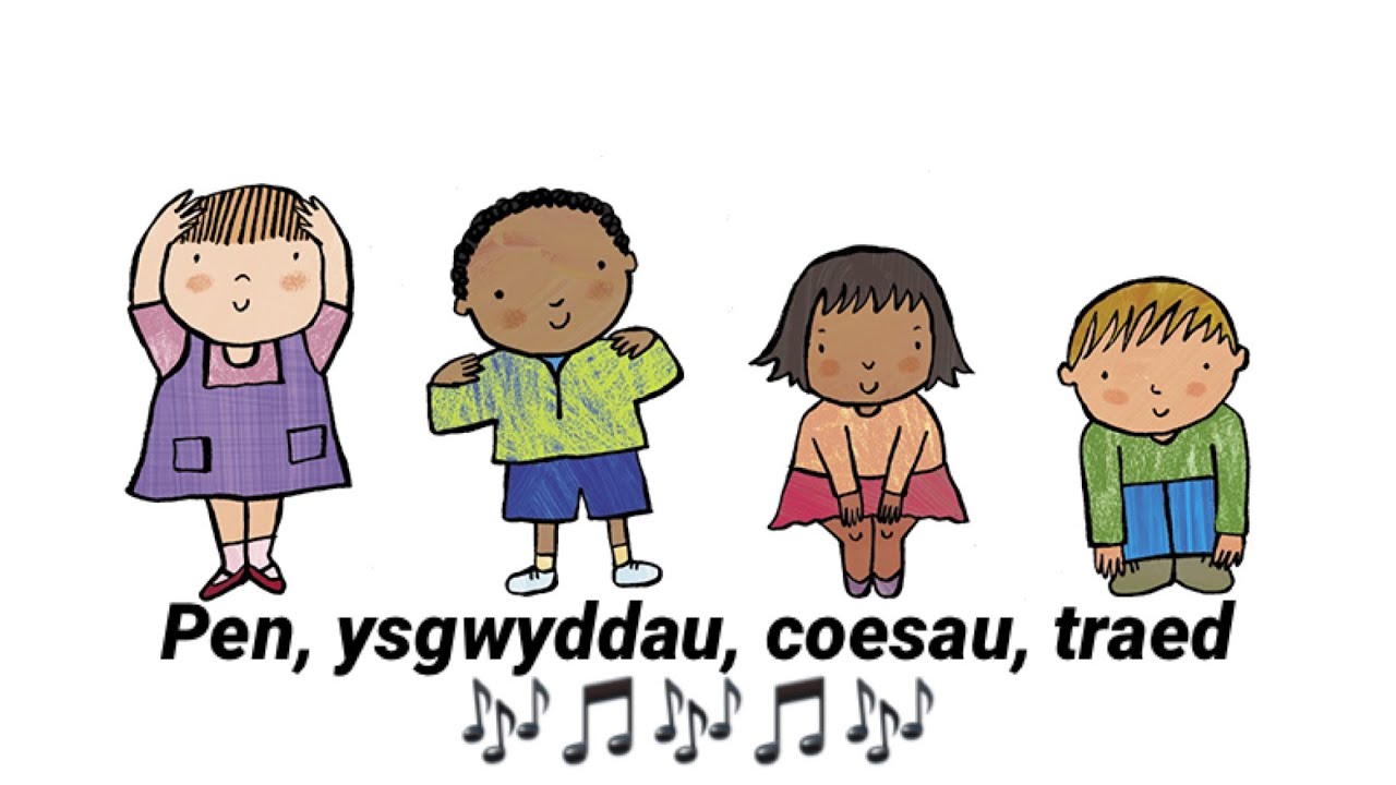 Pen,ysgwyddau, coesau traed i ddysgwyr - slow version of head, shoulders knees and toes in Welsh.