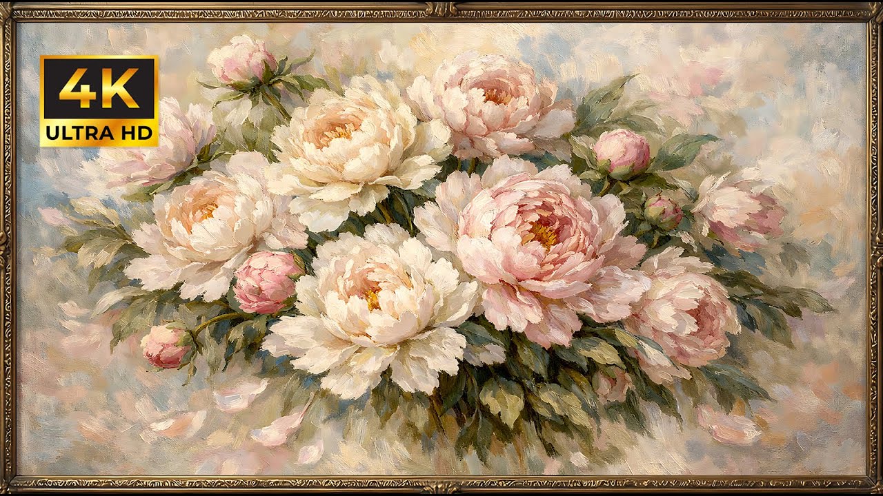 Soft Pastel Peonies Bouquet | Gold Framed 4K Art Screensaver | Romantic Floral TV Wallpaper