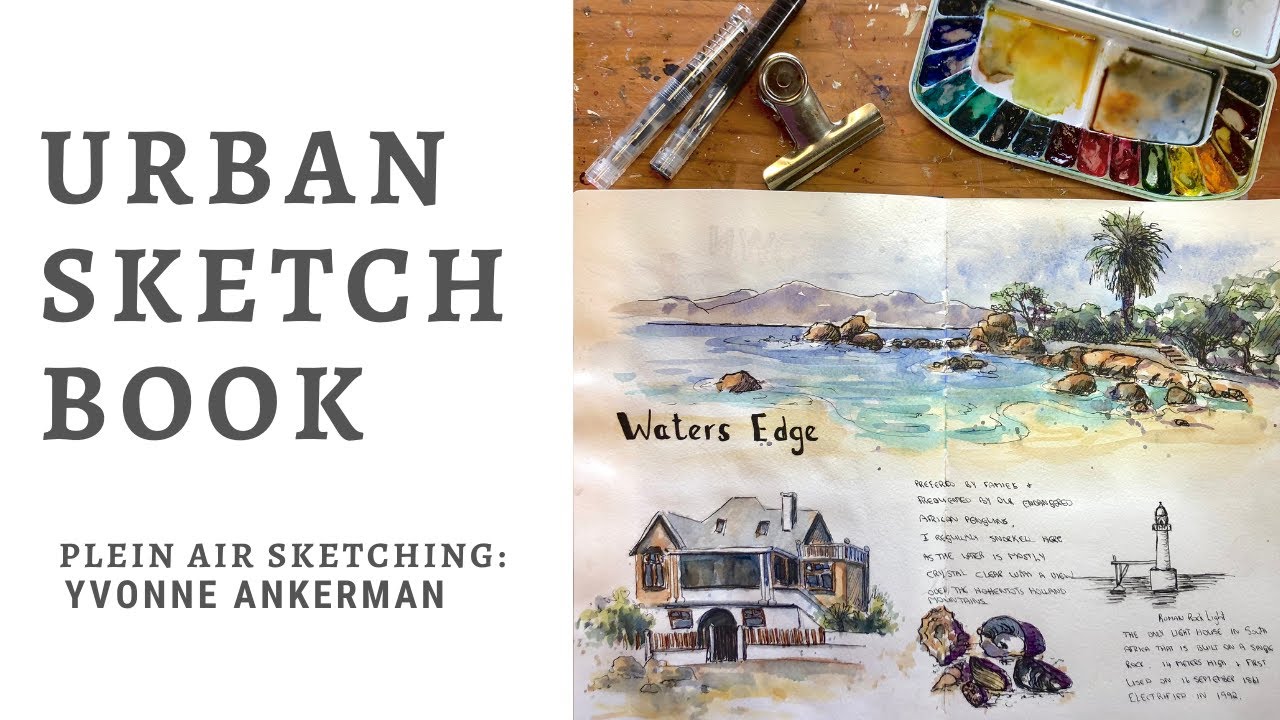 URBAN SKETCH BOOK, plein air sketching on the beach, in watercolour and pen tutorial