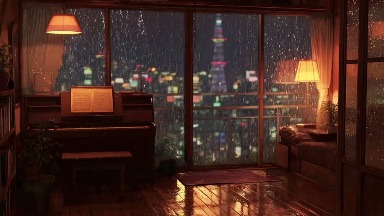 Midnight Rain Piano Ambience | Warm Lamp Japanese Room for Deep Study