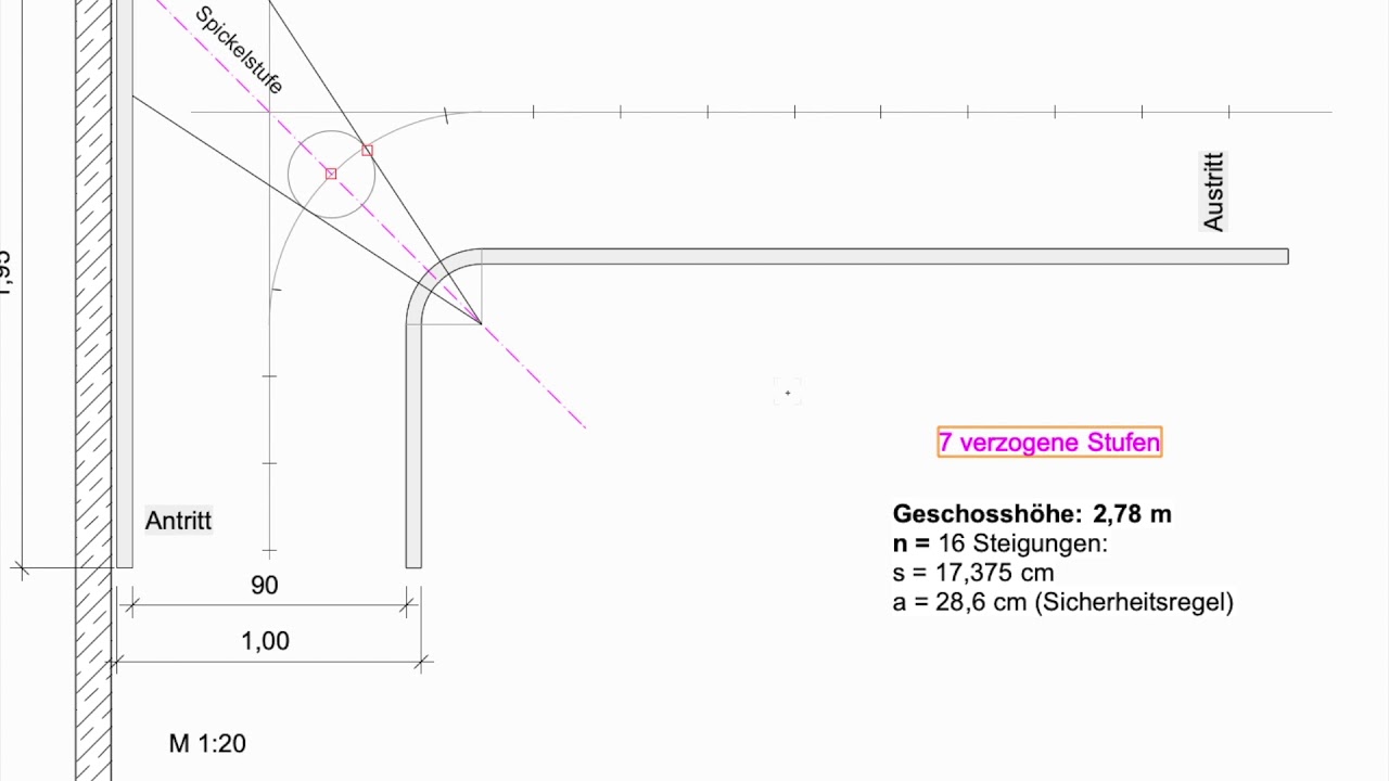 Viertelgewendelte Treppe verziehen nach der Verhältnismethode/Proportionalmethode